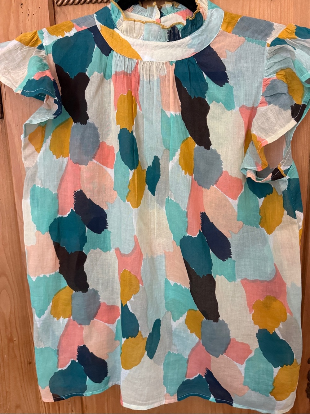THML Multicolor Abstract Print Ruffle Neck Flutter Sleeve Top - Picture 3 of 7